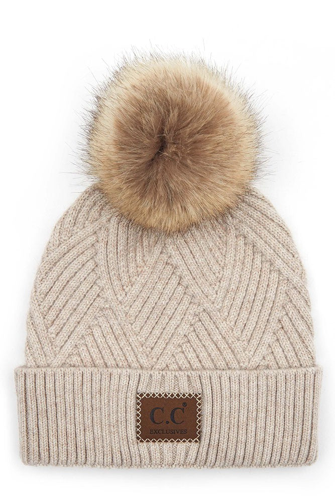 CC Heather Knit Beanie Style Pom Pom Hat, 5 Colors