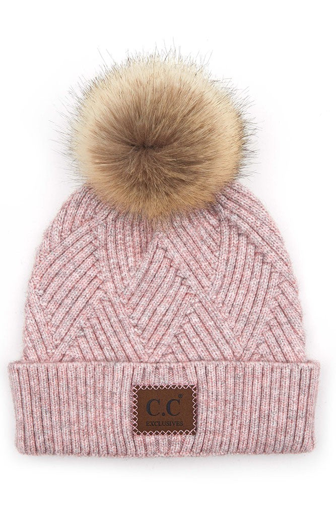 CC Heather Knit Beanie Style Pom Pom Hat, 5 Colors