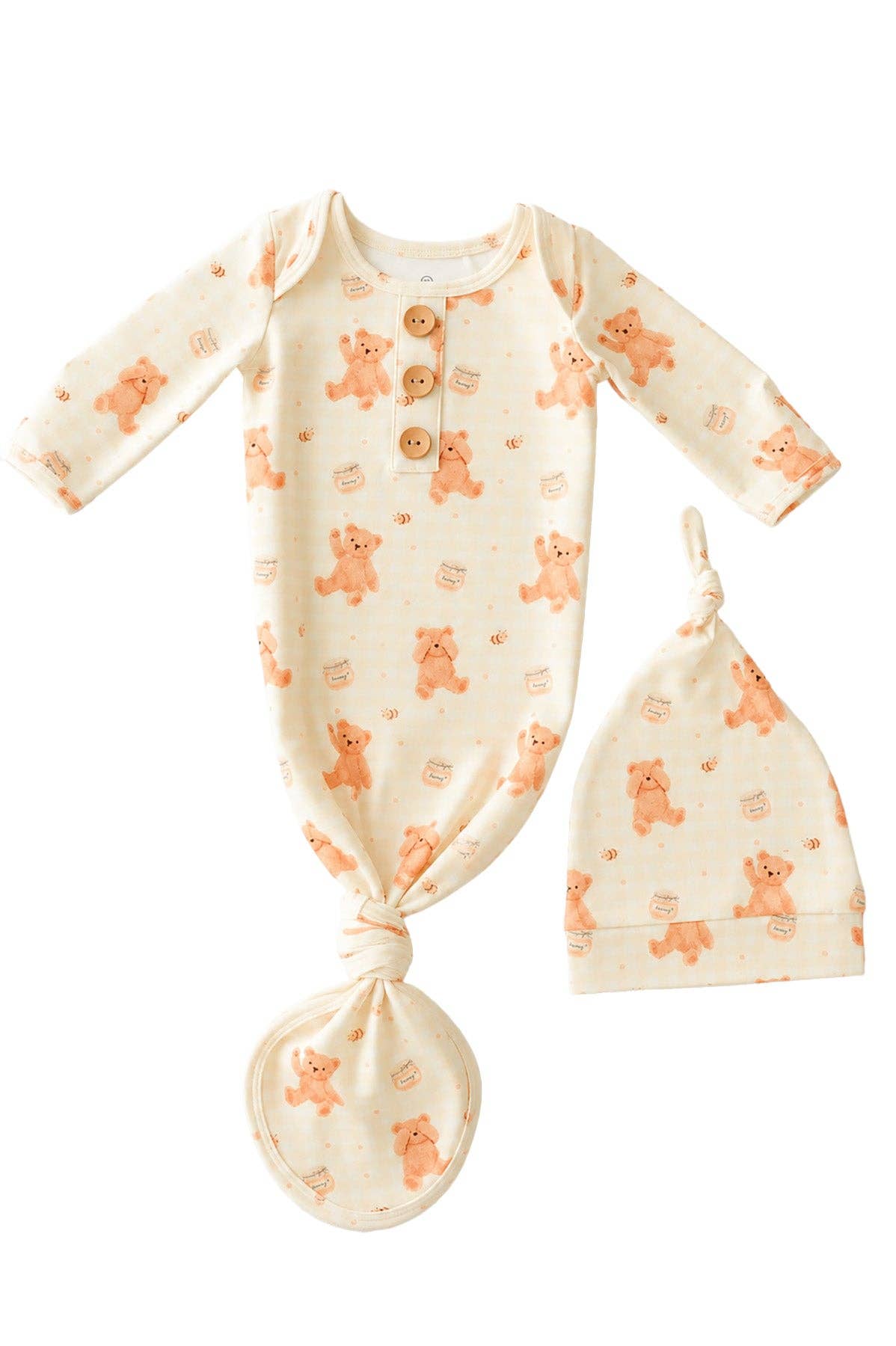 Newborn Baby Knot Gown & Hat Set | Honey Bear