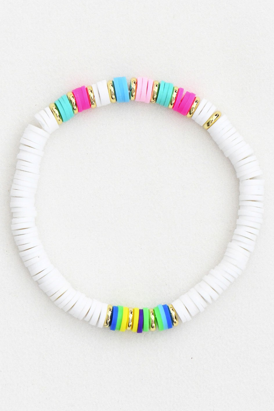 White/Multi Polymer Clay Flat Disc Bead Bracelet