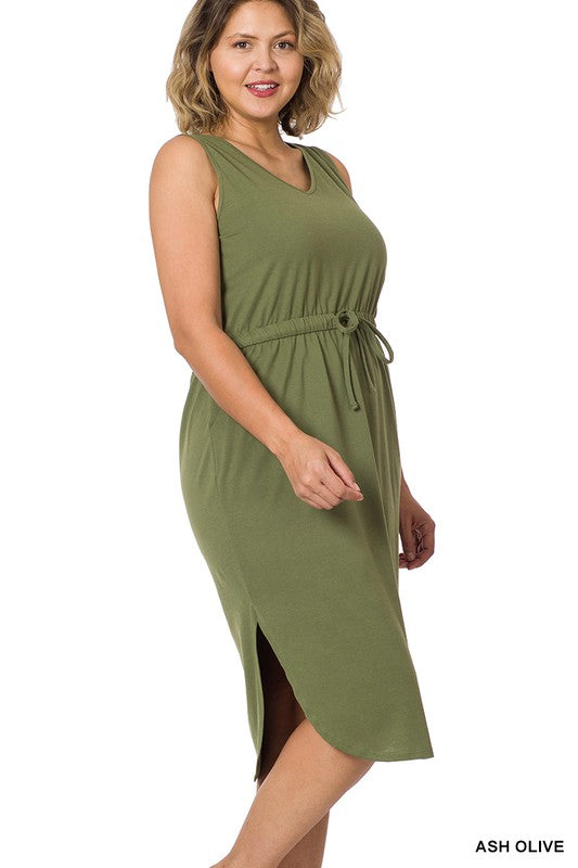 Plus Drawstring Waist Curved Hem Dress