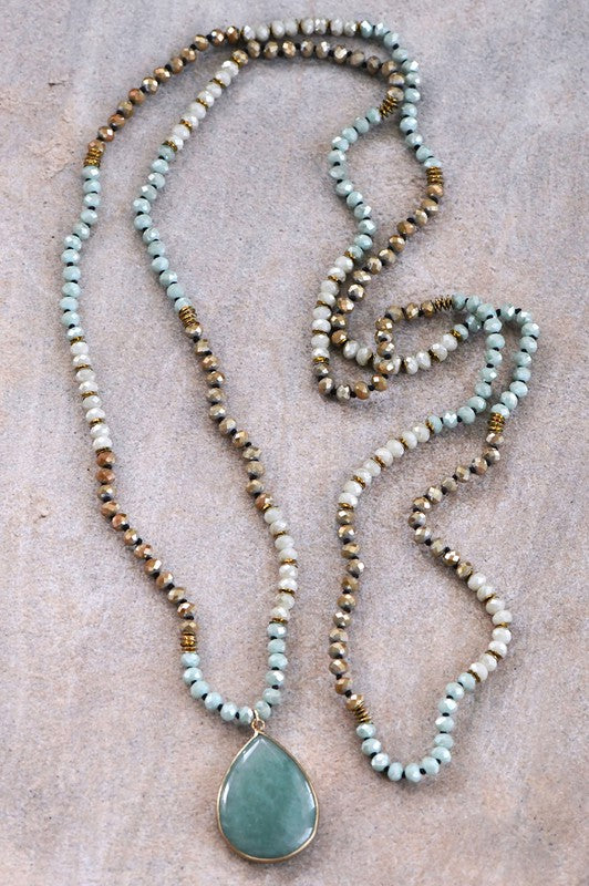 Long Beaded Wrap Necklace with Stone Drop Pendant