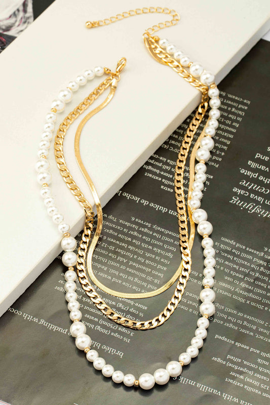 Chunky Chain Pearl and Herringbone Chain Necklace