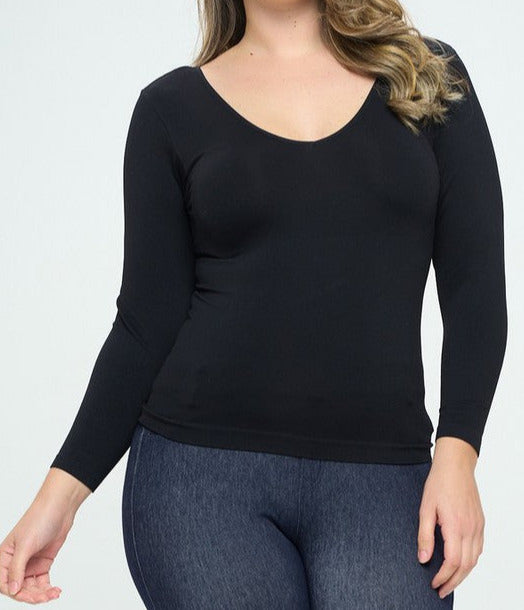 Plus Size Seamless Reversible V-Neck Long Sleeve Top