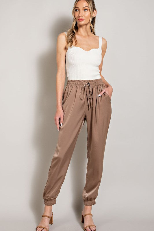 Dance The Night Away Taupe Satin Joggers (Small to Large)