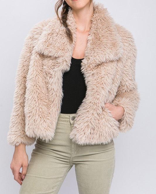 Taupe Mid Length Faux Fur Open Front Jacket (Small to Large)