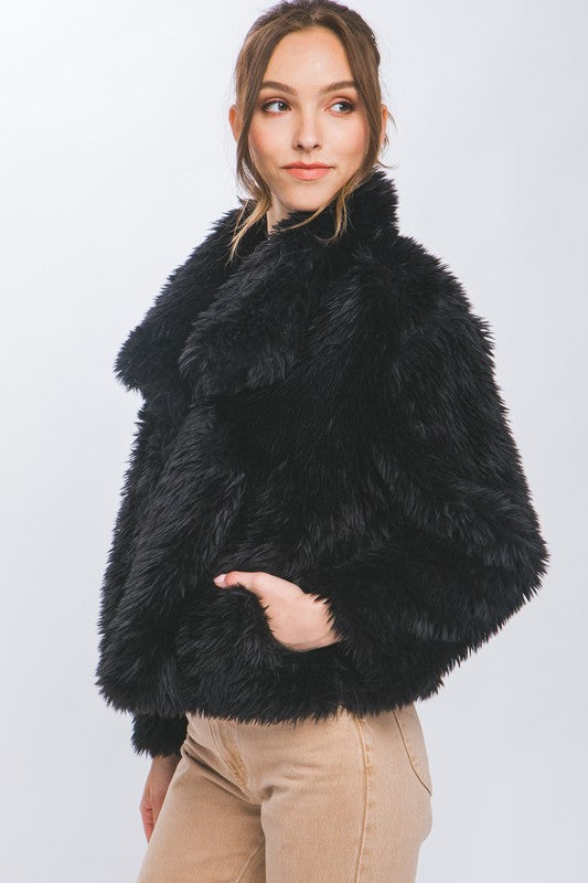 Black Mid Length Faux Fur Open Front Jacket (Small to Large)