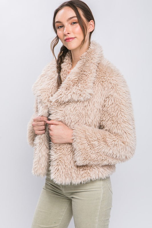 Taupe Mid Length Faux Fur Open Front Jacket (Small to Large)