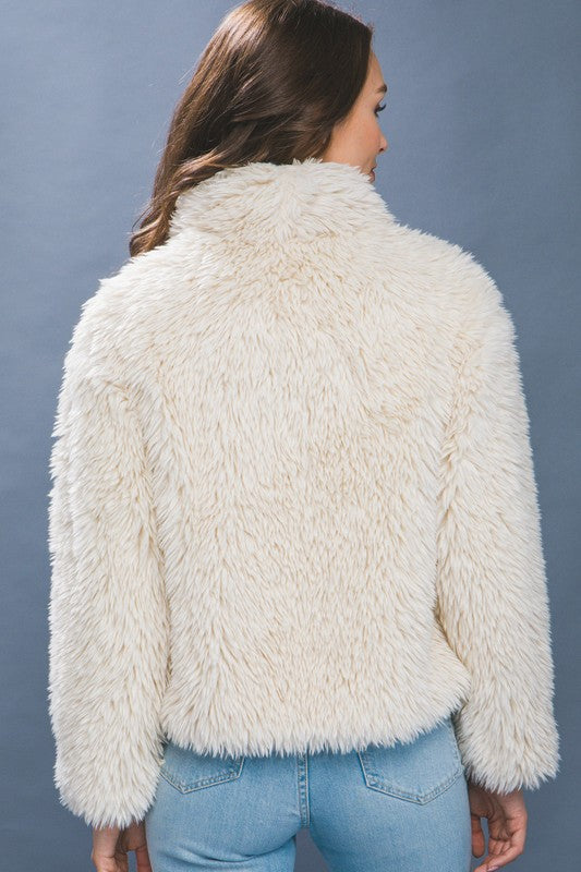 Ivory Mid Length Faux Fur Open Front Jacket (Small to Large)