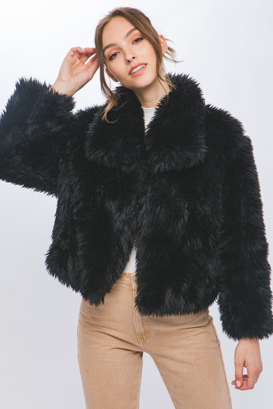 Black Mid Length Faux Fur Open Front Jacket (Small to Large)