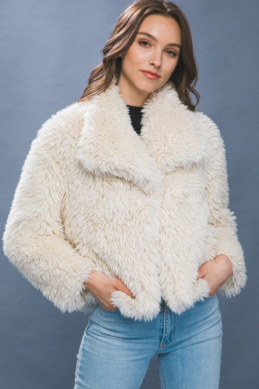 Ivory Mid Length Faux Fur Open Front Jacket (Small to Large)