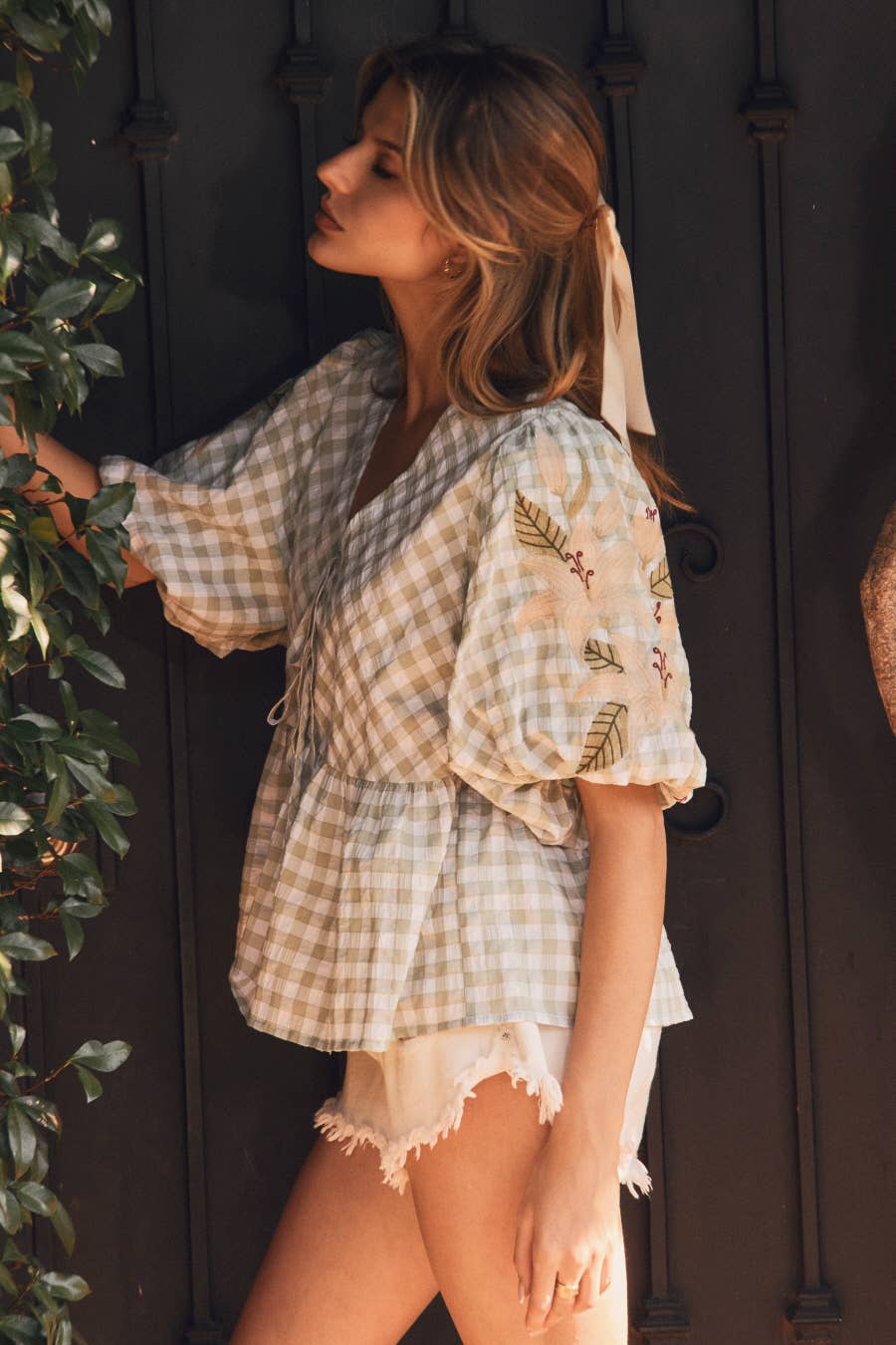 Spring Embroidery Bouquets Gingham Blouse (Small to Large)