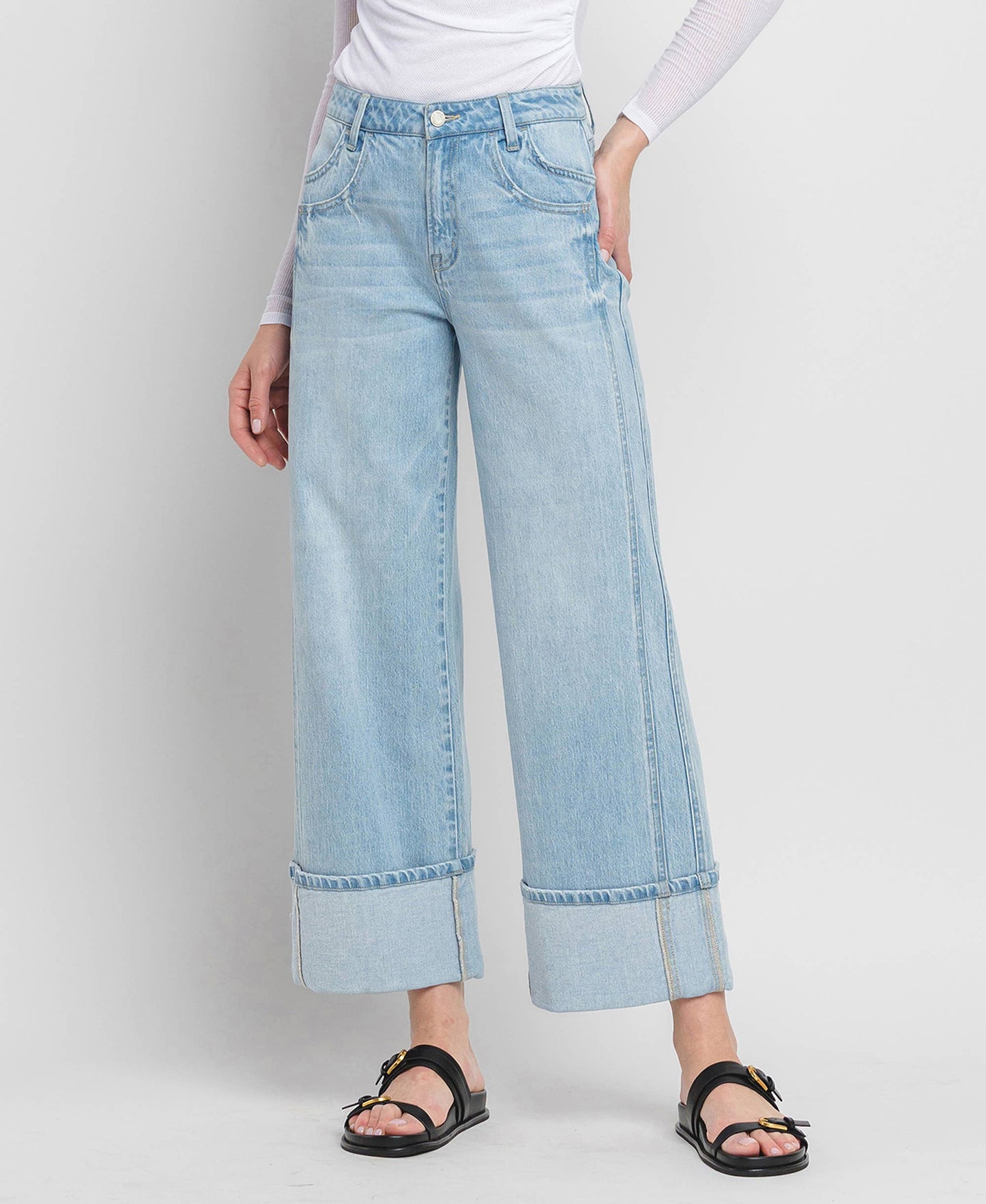 Raising the Bar High Rise Cuffed Relaxed Fit Wide Leg Jeans