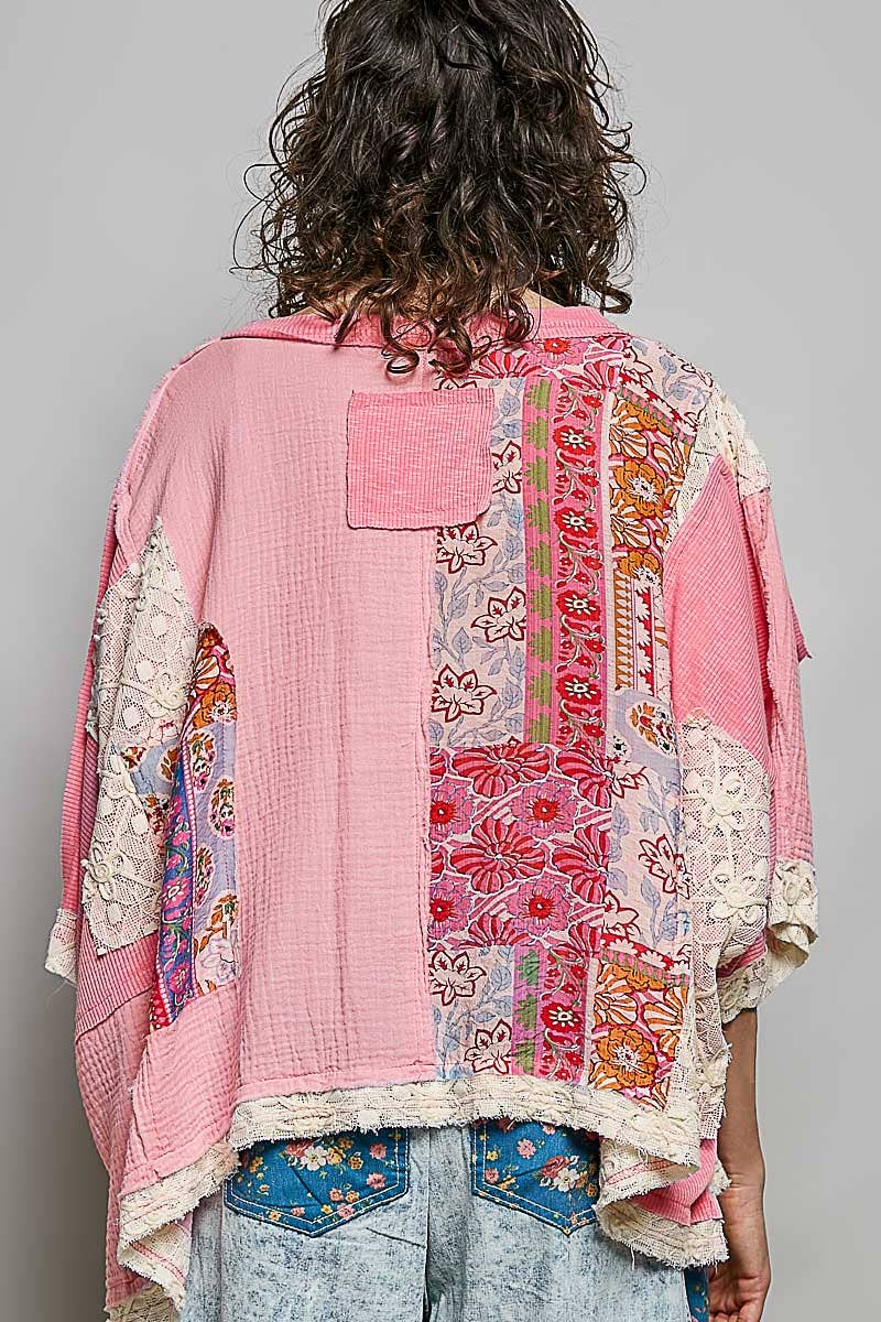Round Neck Double Gauze Floral Woven Top
