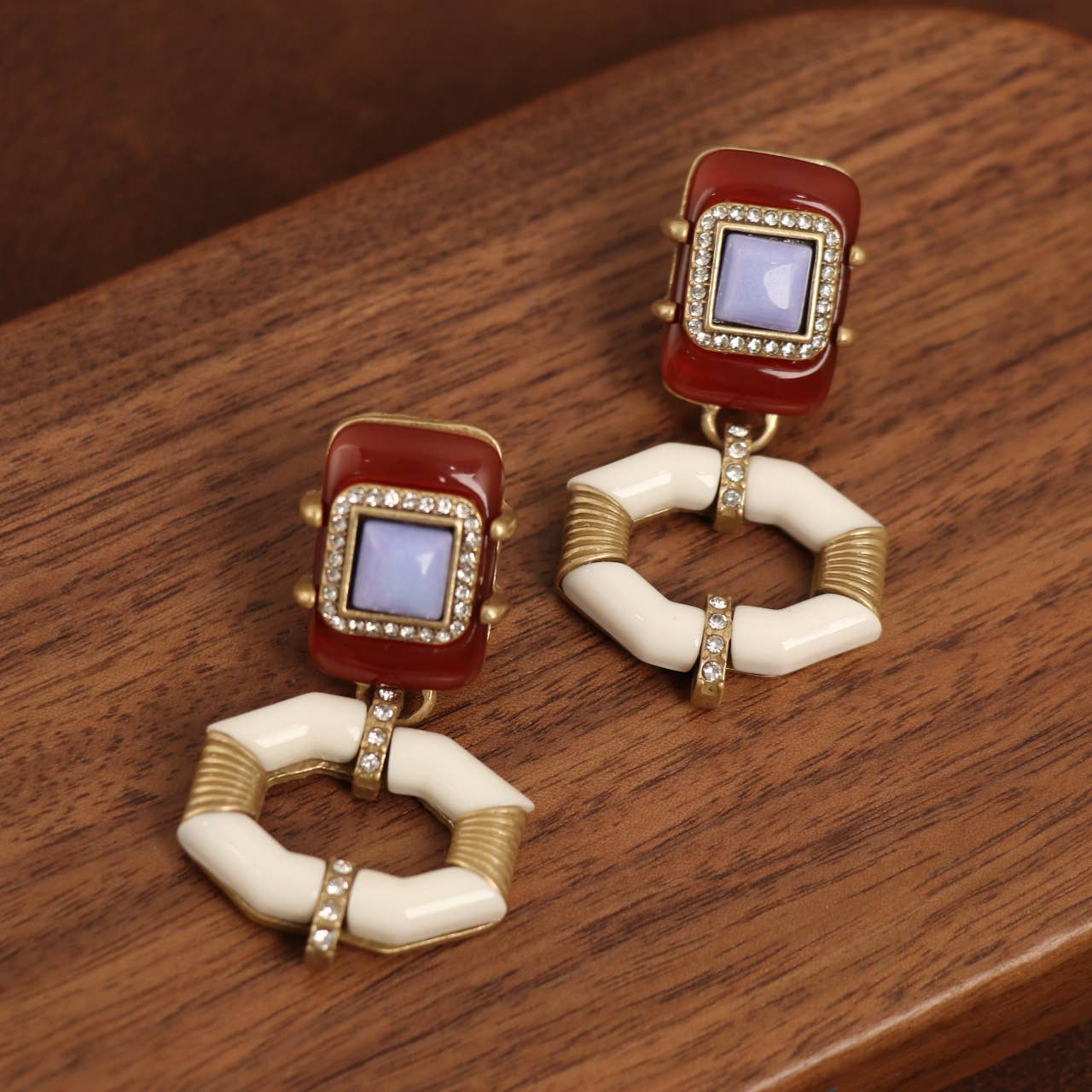 Vintage Gold-Plated Purple Stone & Enamel Dangle Earrings