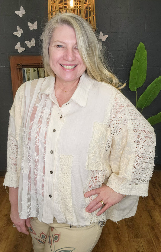 Ivory Patchwork Boho Button Up (Small to Large)