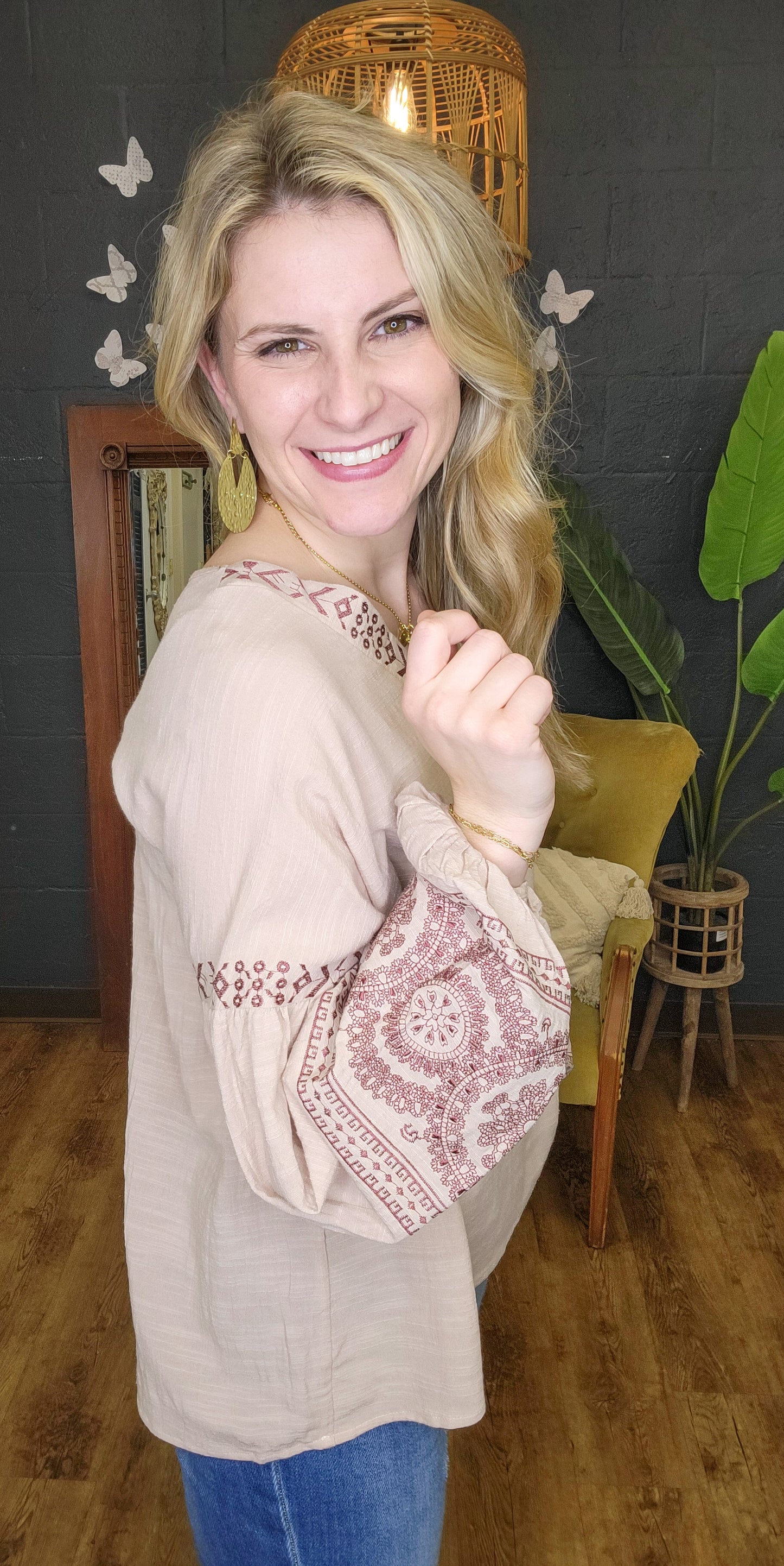Songbird Khaki Embroidered Top (Small to Large)