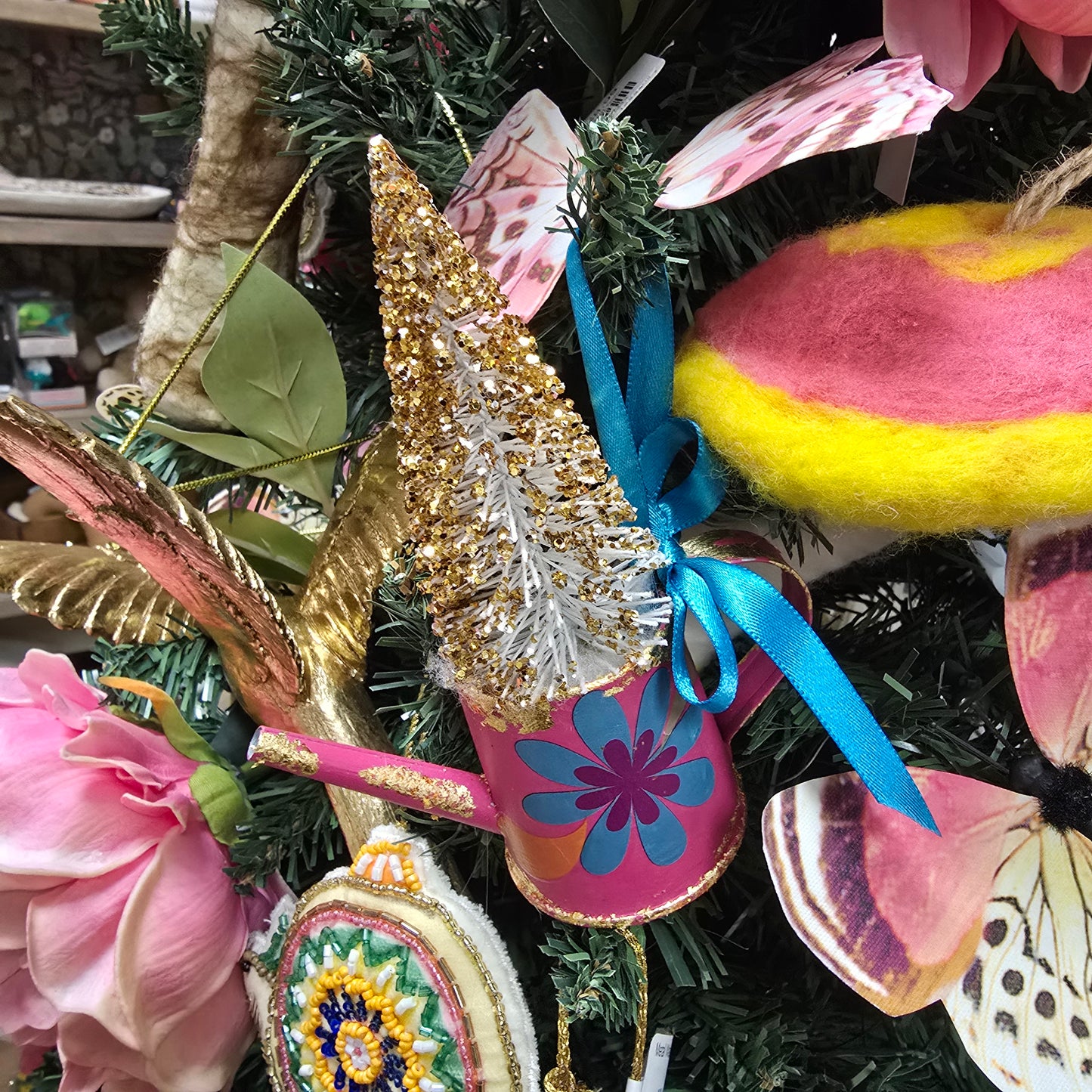 Watering Can Ornament with Bottle Brush Tree