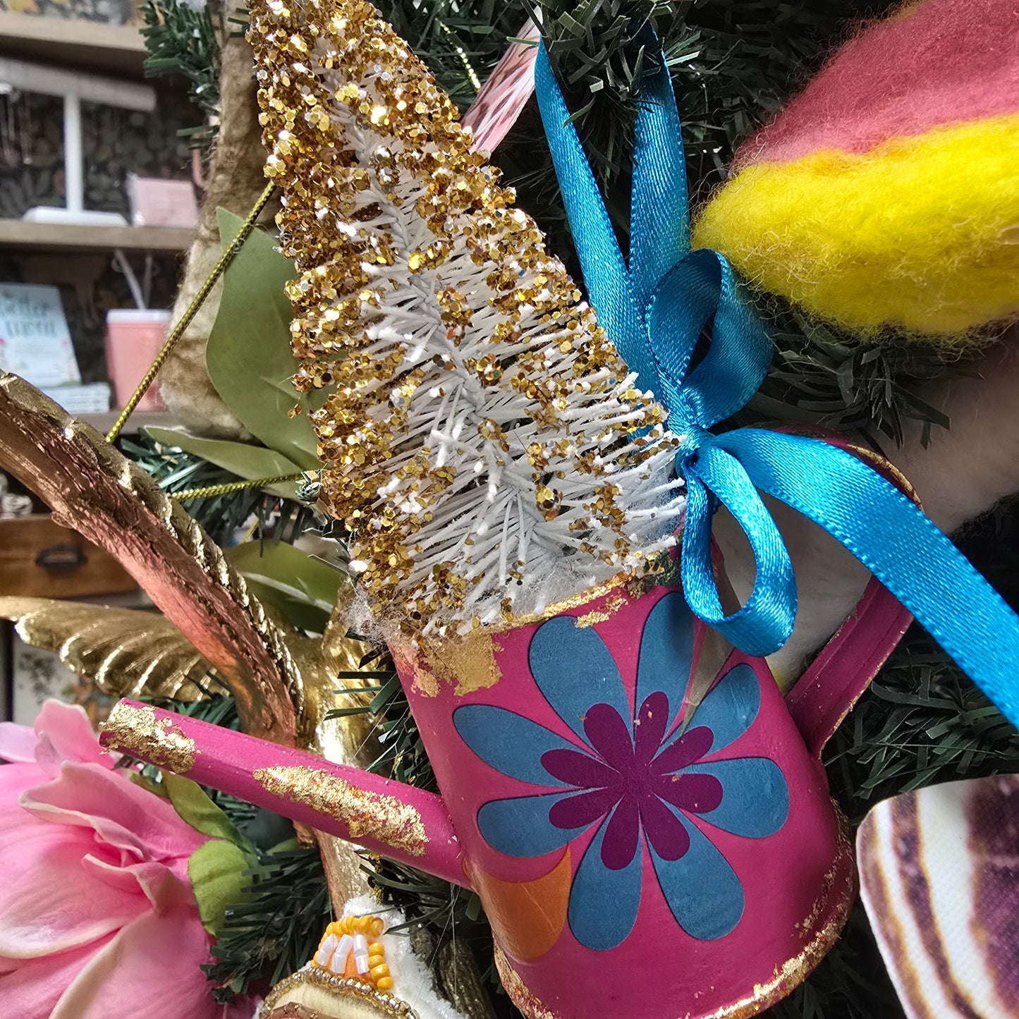 Watering Can Ornament with Bottle Brush Tree