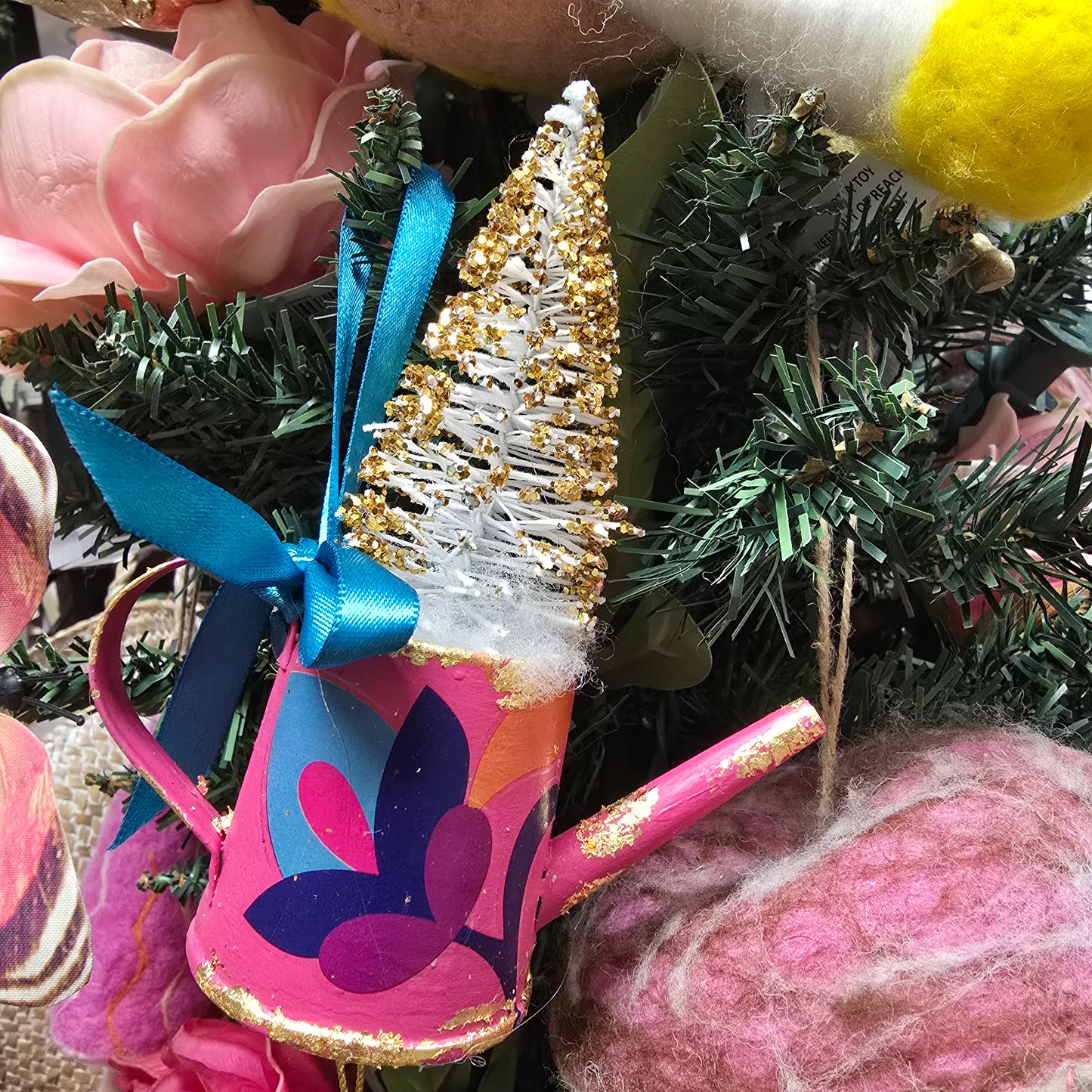 Watering Can Ornament with Bottle Brush Tree