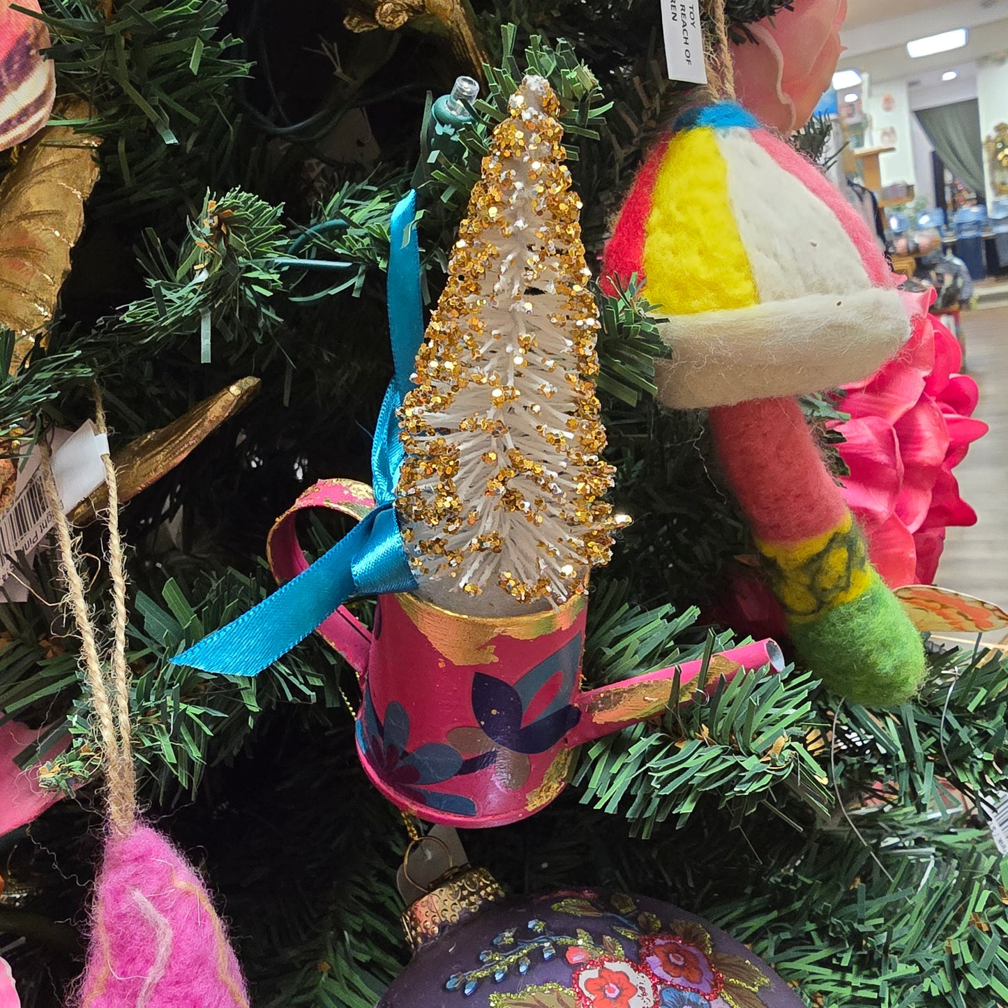 Watering Can Ornament with Bottle Brush Tree