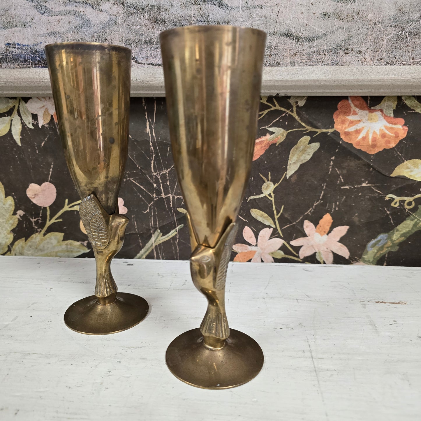 Pair of Vintage Aged Brass Vases