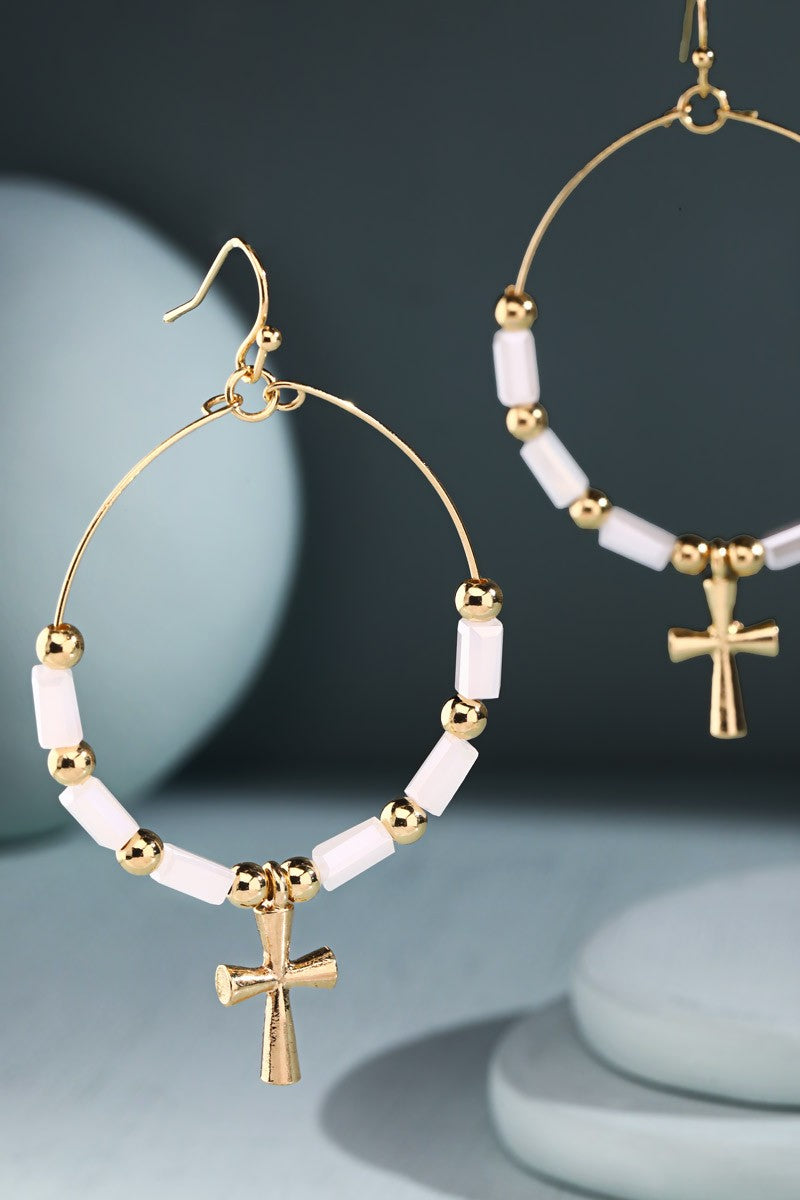 Glass Bead Wire Hoop Earrings with Cross (3 Color Options)