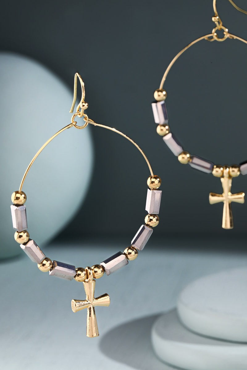 Glass Bead Wire Hoop Earrings with Cross (3 Color Options)