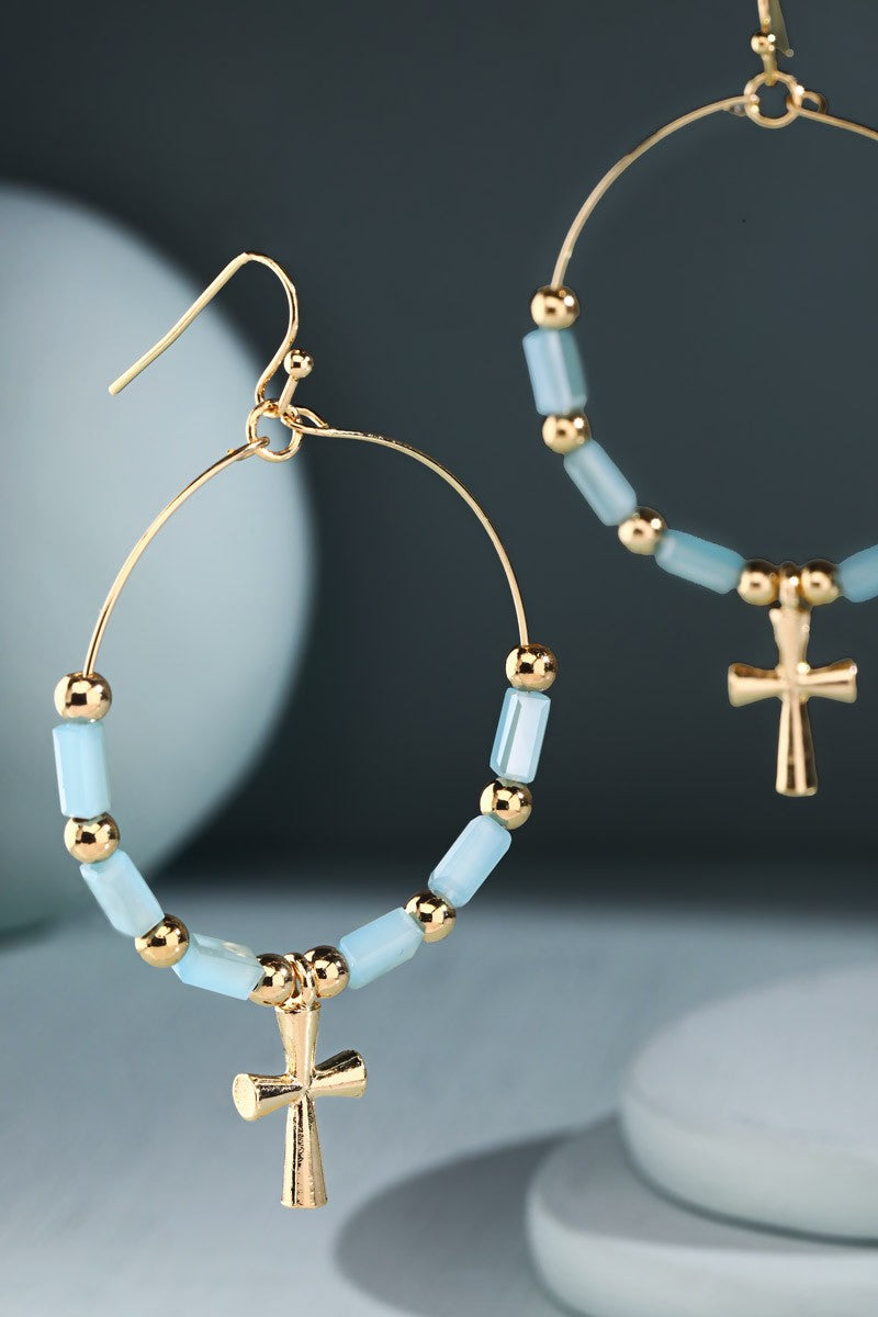 Glass Bead Wire Hoop Earrings with Cross (3 Color Options)