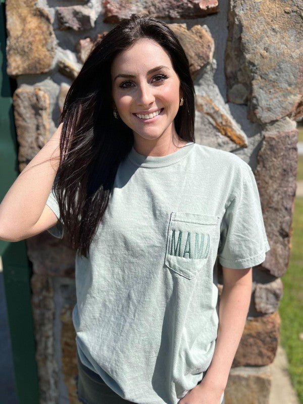 Embroidered Mama Pocket Tee - Bay