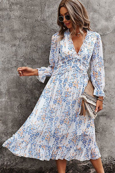 Womens Wrap V Neck Ruffle Floral Maxi Dress