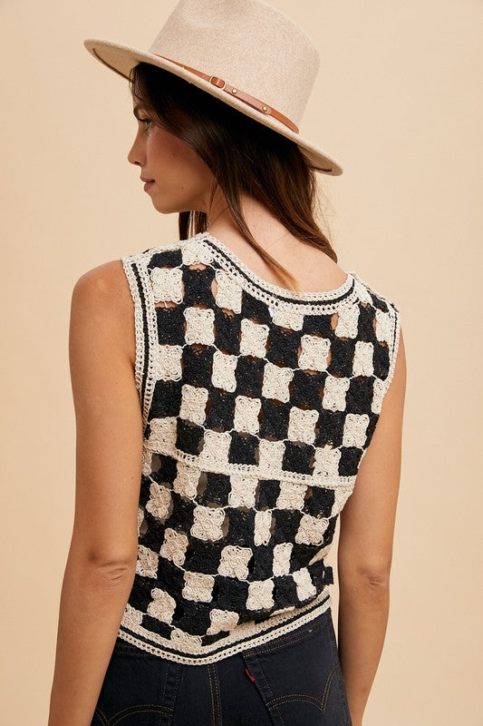 Make Your Move Checker Board Crochet Sweater Vest (S/M to L/XL)