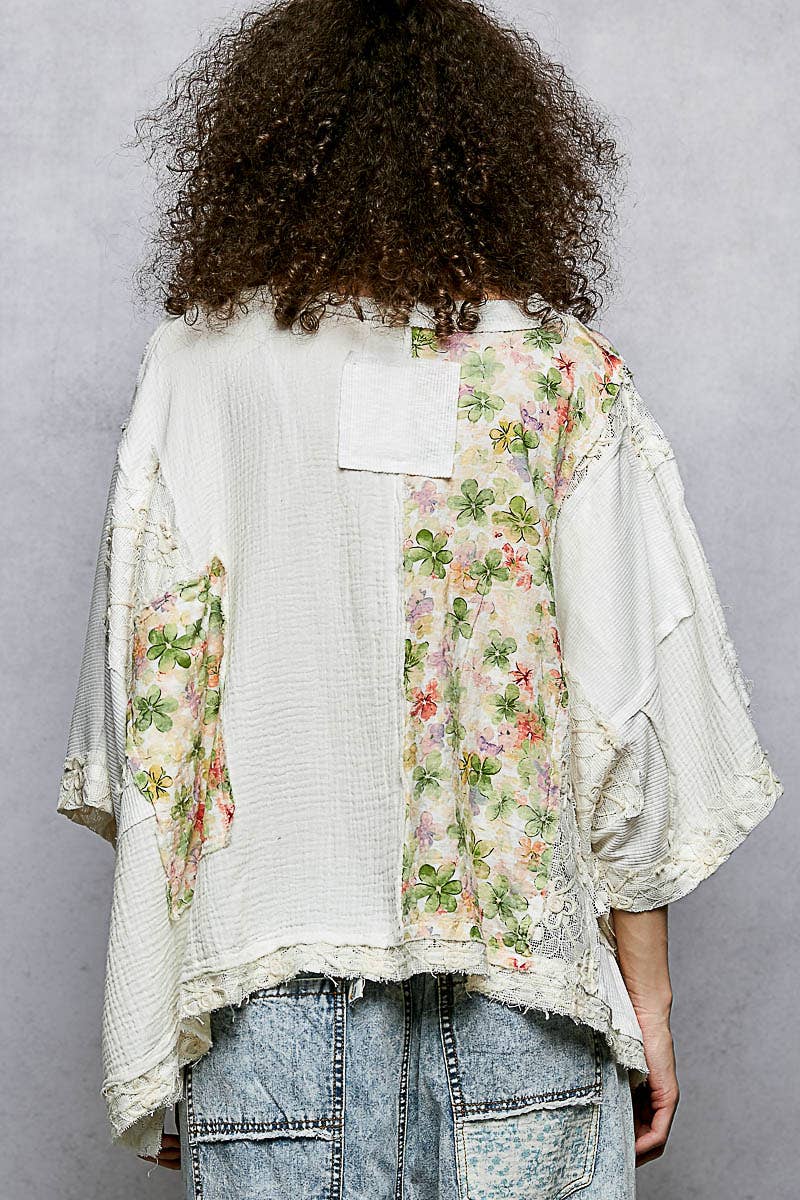Round Neck Double Gauze Floral Woven Top