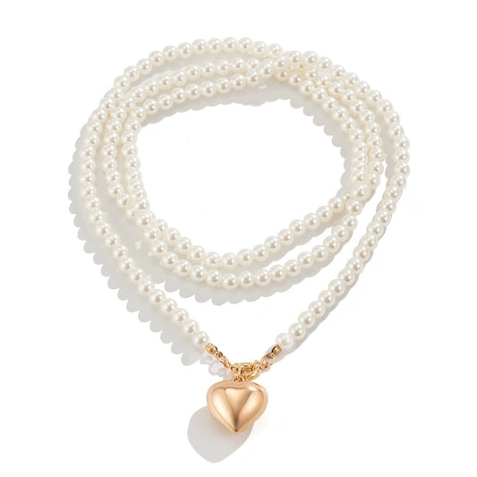 Multi Wrap Pearl Beaded Heart Charm Necklace