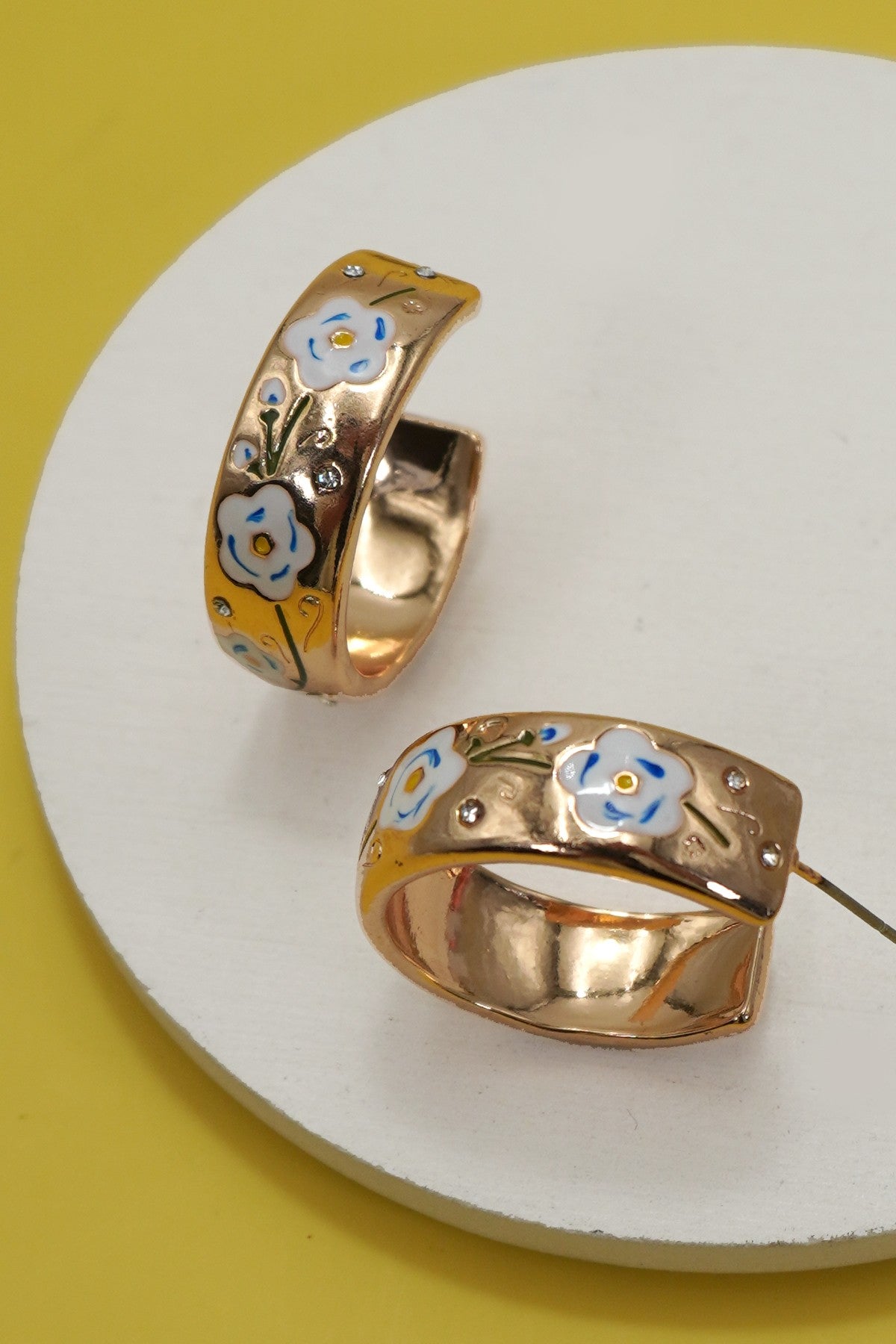 Vintage Cloisonne Floral Huggie Hoop Earrings