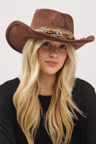 Vintage Style Western Hat with Wood Beads