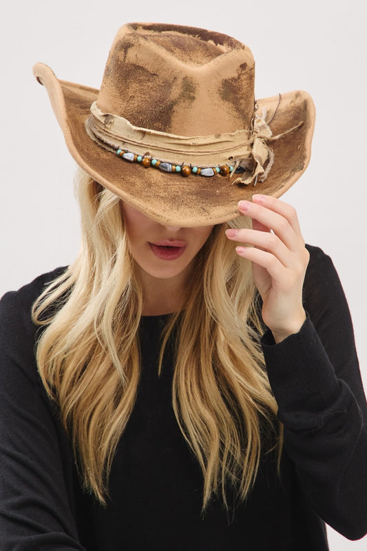 Vintage Style Western Hat with Distressed Bow and Feather