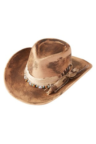 Vintage Style Western Hat with Distressed Bow and Feather