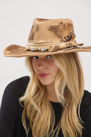 Vintage Style Western Hat with Distressed Bow and Feather