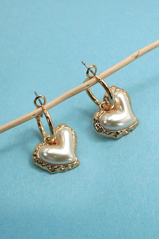 Pearl Puffy Heart Gold Edge Drop Earrings