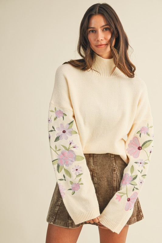 Cast Your Cares Floral Embroidered Sleeve Sweater