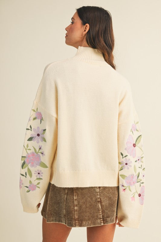 Cast Your Cares Floral Embroidered Sleeve Sweater