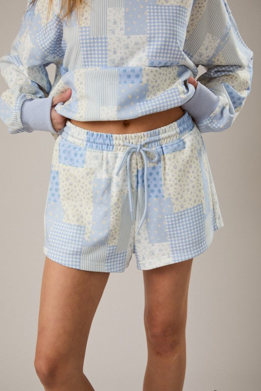 Patchwork Prints Terry Cloth Knit Shorts