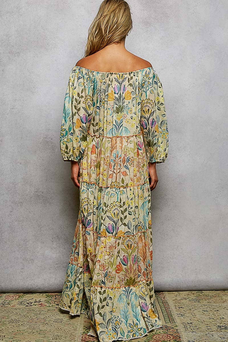 Long Sleeve Shirred Neckline Maxi Length Woven Printed Dress