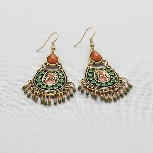Vintage Resin Teardrop Beaded Tassel Earrings