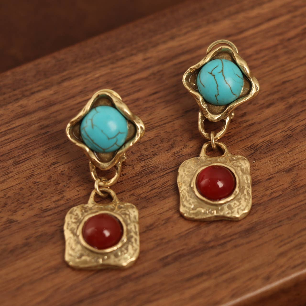 Vintage Gold-Plated Turquoise & Red Agate Dangle Earrings