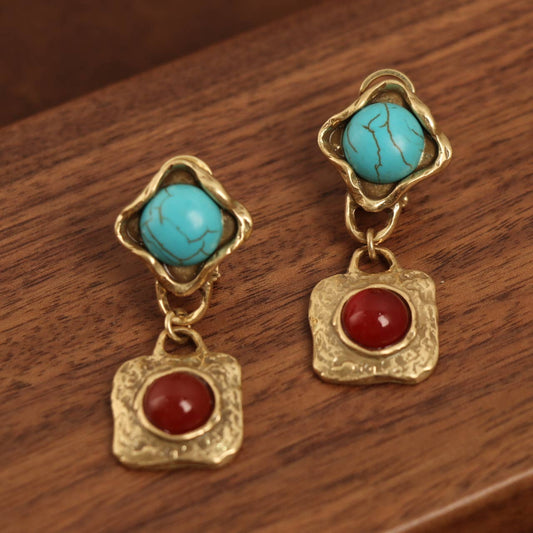 Vintage Gold-Plated Turquoise & Red Agate Dangle Earrings