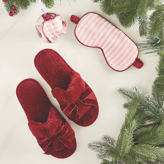 Plush Velvet Bow Slippers - Burgundy + Burgundy Velvet Bow