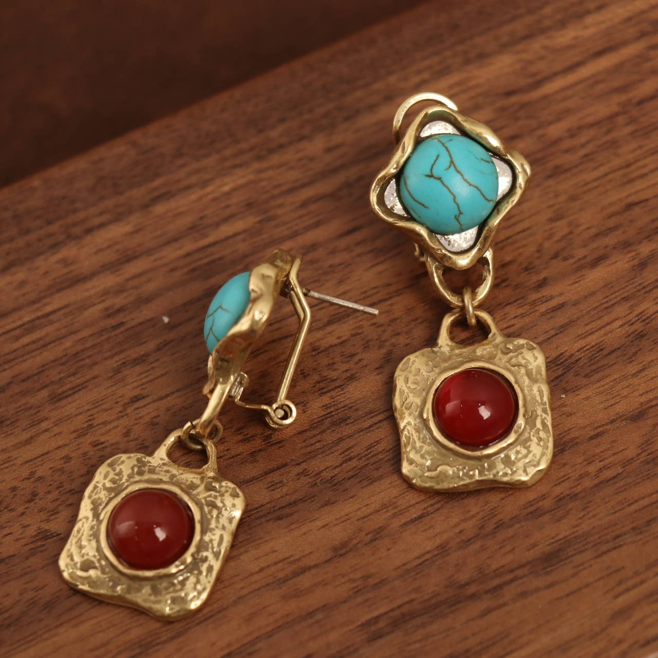 Vintage Gold-Plated Turquoise & Red Agate Dangle Earrings