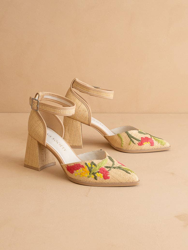 The Monet | Wheat Embroidered Raffia Block Heel